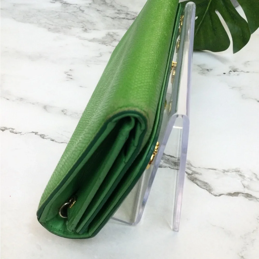 GUC MCM Green Leather Continental Wallet with Gold Accents